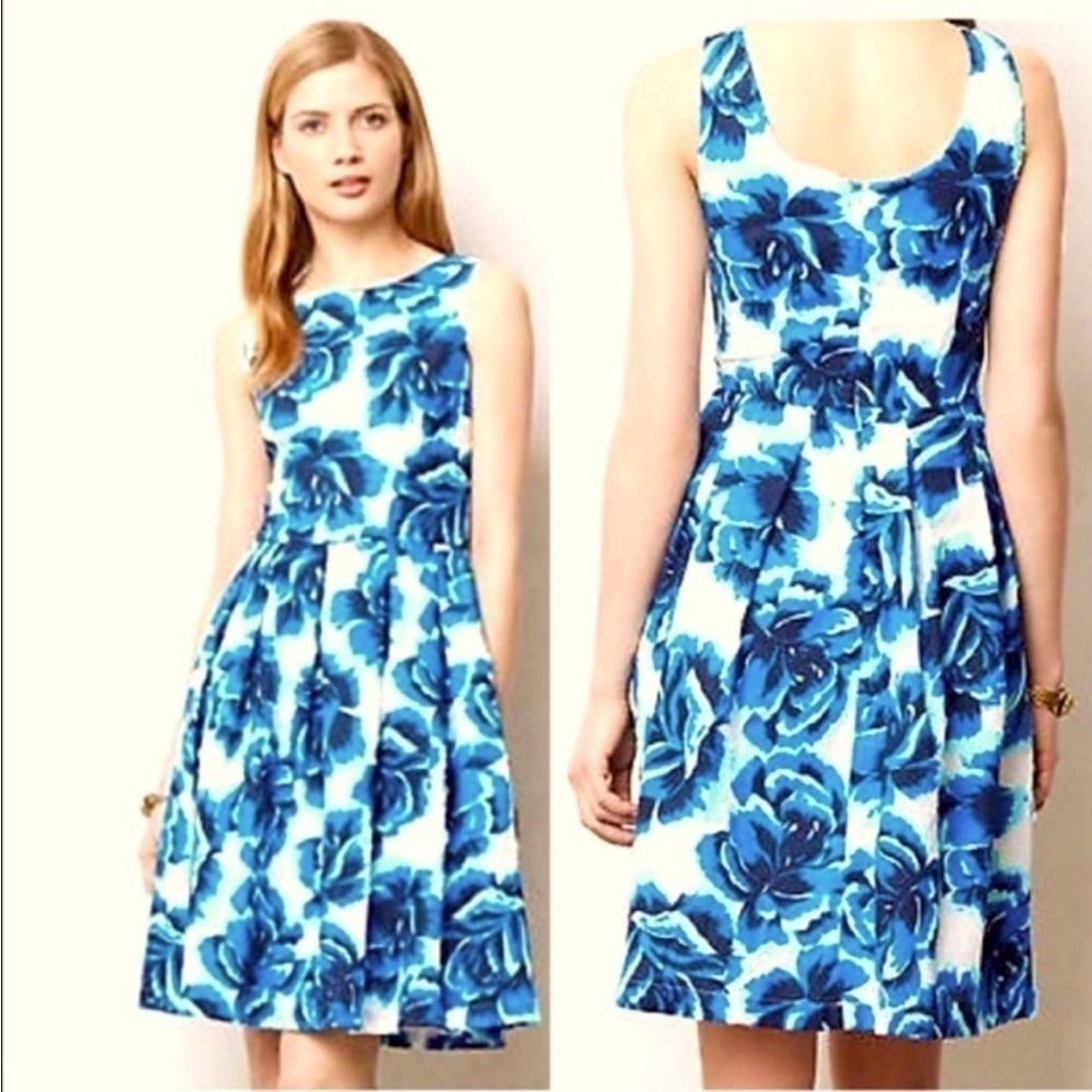 Anthropologie Porridge Rosebloom Burnout Dress Blue Fit Flare Size 4 Boho Floral